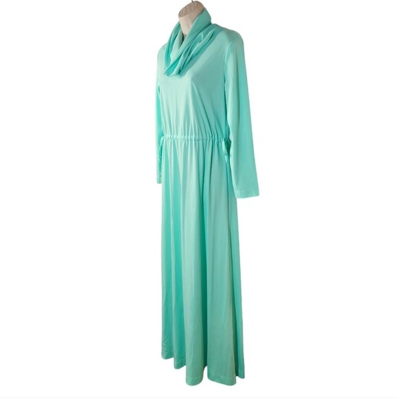 Vintage 70s Dress Disco Mod Long Sleeve Empire‎ Waist Maxi Flowy Mint Green L - Picture 2 of 16